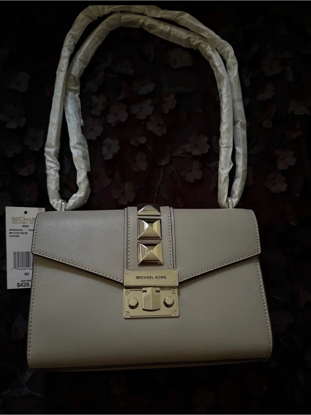 Michael Kors Pearl Gray Leather Shoulder Bag with Silver Pyramid Hardware